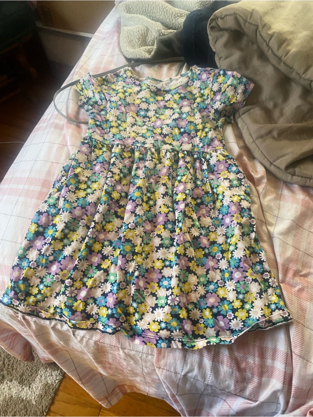 wonder nation Multicolor Floral Short Sleeve Dress - Purple, Yellow, Blue
